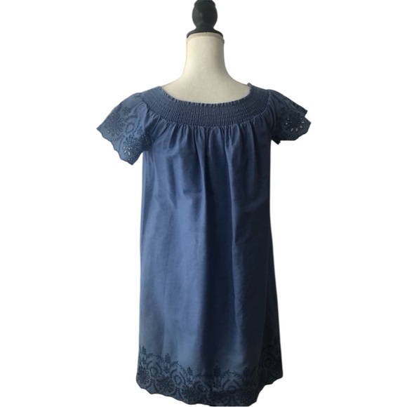 Old Navy Chambray Off Shoulder Dress Blue Embroidered Peasant Boho Cotton Medium - Picture 2 of 2